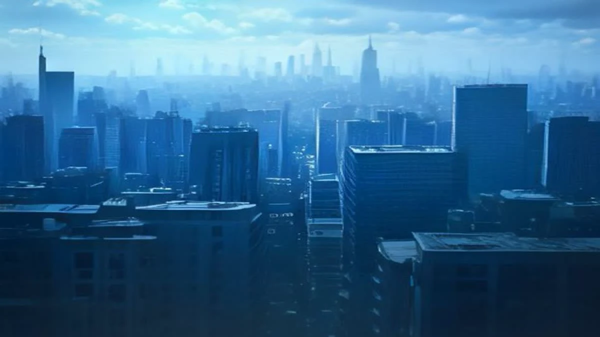 over-the-shoulder view of a panoramic city skyline seen through an office window, subtle blue tones, overcast diffused light
