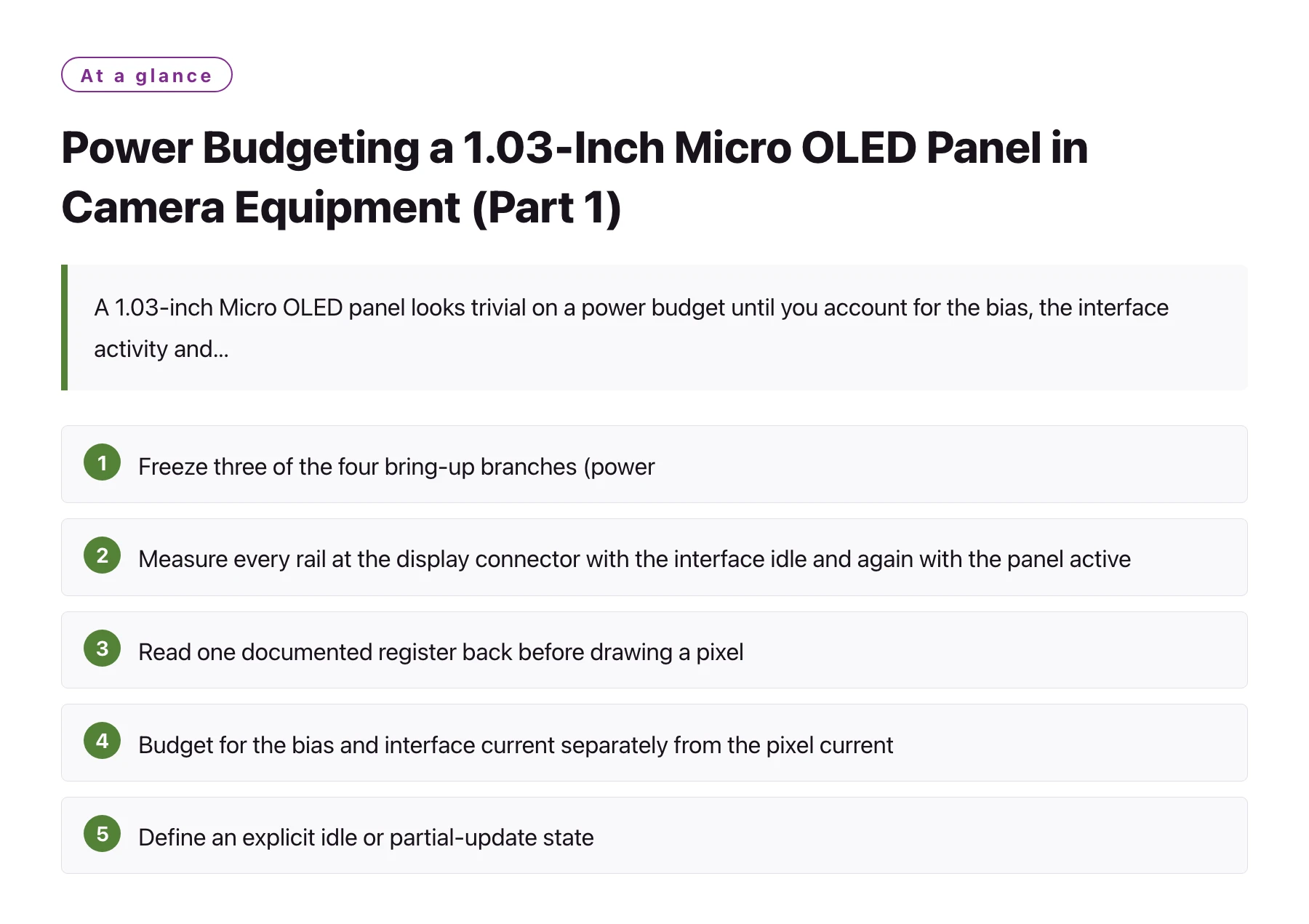 Power Budgeting a 1.03-Inch Micro OLED Panel in Camera Equipment (Part 1)——全文要点速览